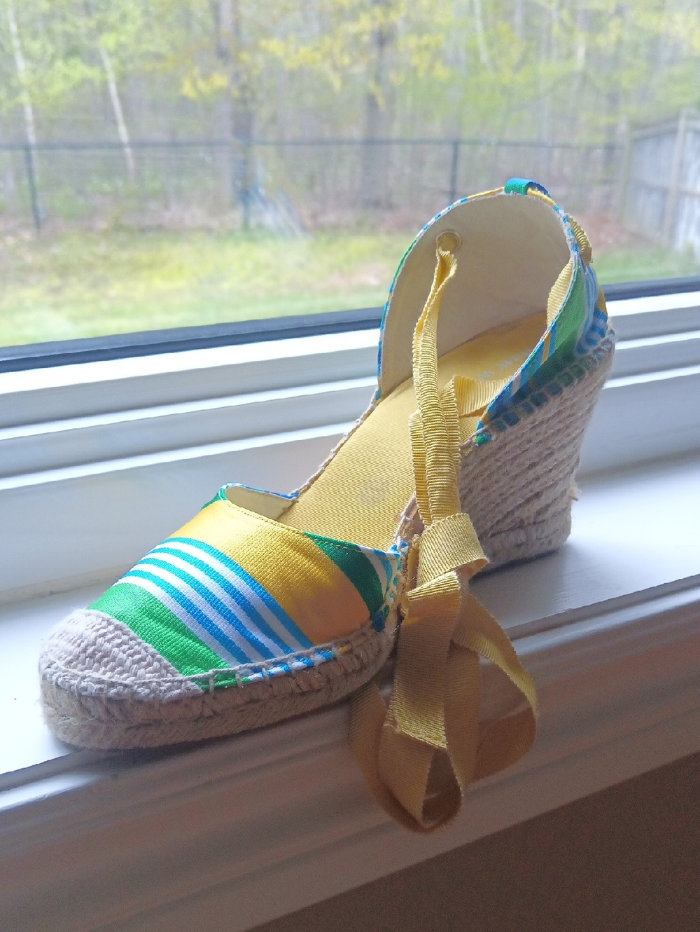 Nine West Yellow Striped Espadrille Wedge Sandals with Ankle Tie